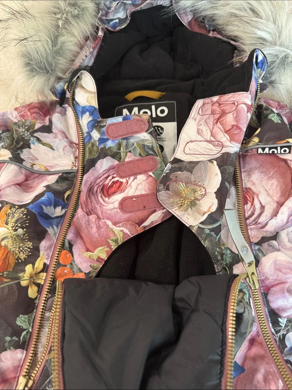 Molo Floral Print Hooded Jumpsuit in Black, Pink & Blue